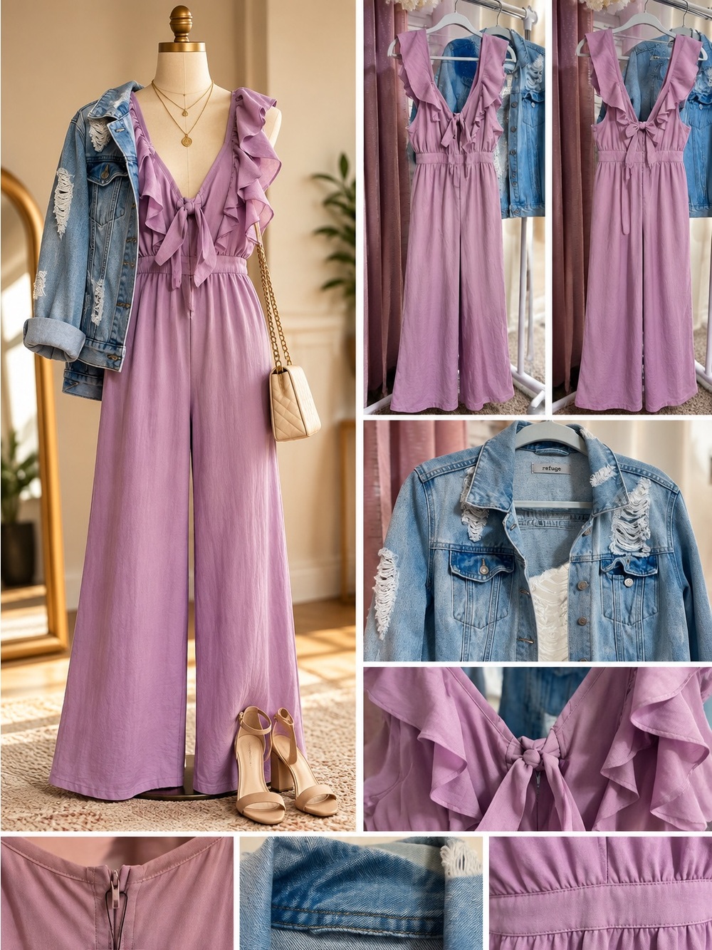 refuge Lavender Ruffled Tie-Front Wide-Leg Jumpsuit